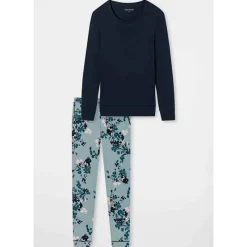 Schiesser Dames pyjama lang – grijs blauw> Kleding