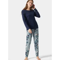 Schiesser Dames pyjama lang – grijs blauw> Kleding