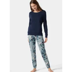Schiesser Dames pyjama lang – grijs blauw><noscript><img width=